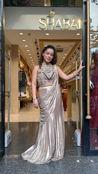 Designer Drape Set with Stone Work Blouse & Metallic Lycra Fish Skirt