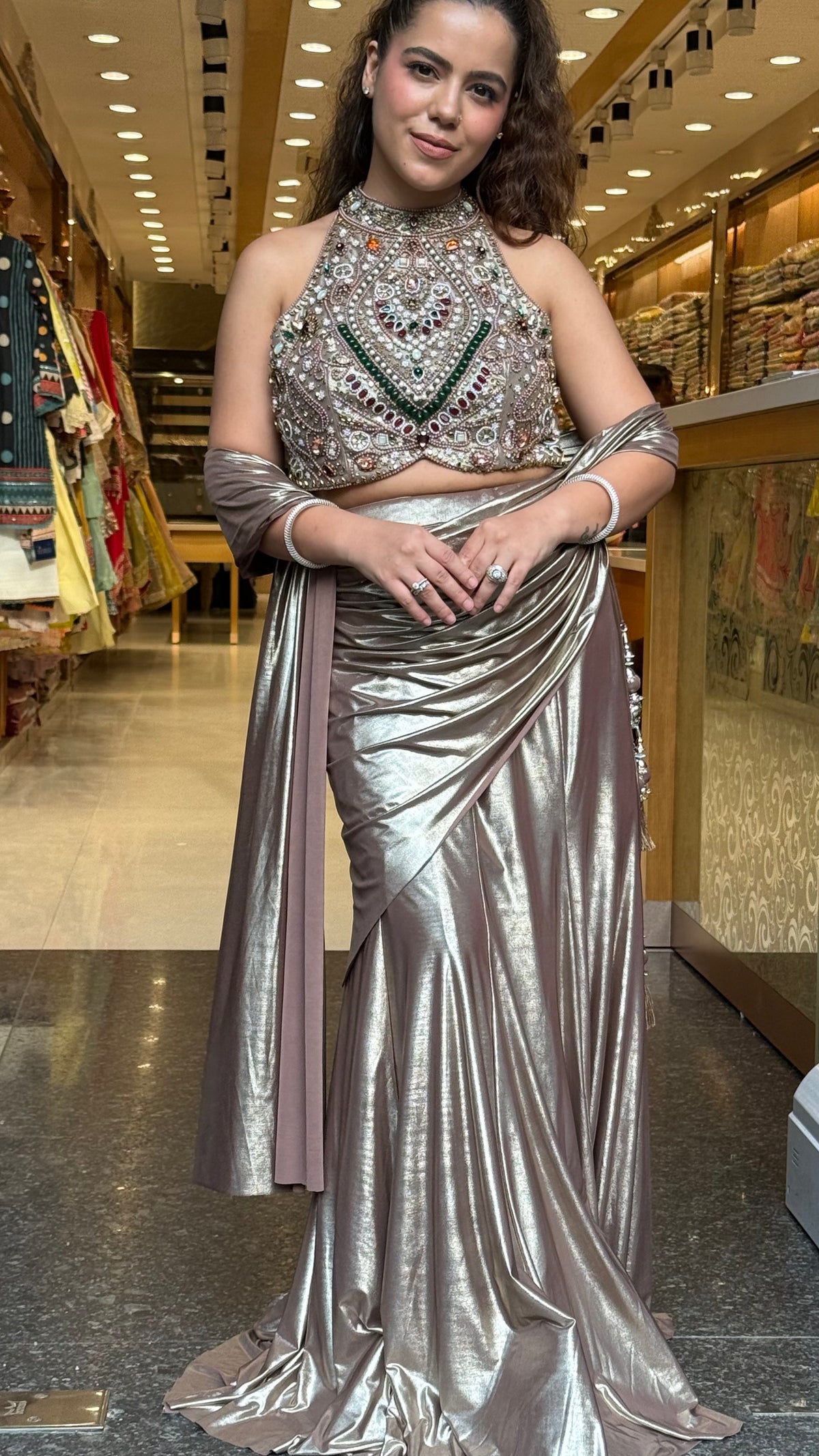 Luxury Drape Saree with Stone Work Blouse, Pearls & Kundan Detailing | Metallic Lycra Fish Skirt