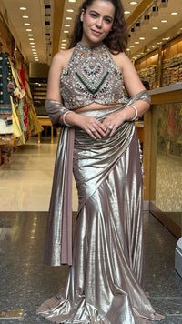 Luxury Drape Saree with Stone Work Blouse, Pearls & Kundan Detailing | Metallic Lycra Fish Skirt