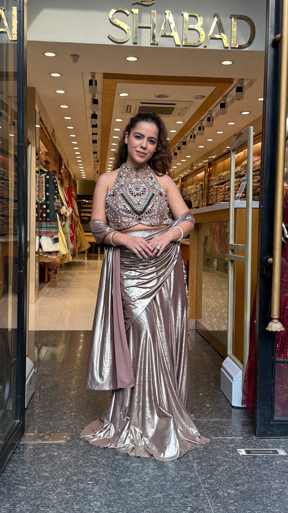 Luxury Drape Saree with Stone Work Blouse, Pearls & Kundan Detailing | Metallic Lycra Fish Skirt