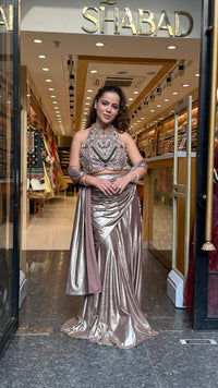 Luxury Drape Saree with Stone Work Blouse, Pearls & Kundan Detailing | Metallic Lycra Fish Skirt