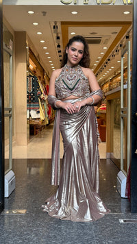 Luxury Drape Saree with Stone Work Blouse, Pearls & Kundan Detailing | Metallic Lycra Fish Skirt