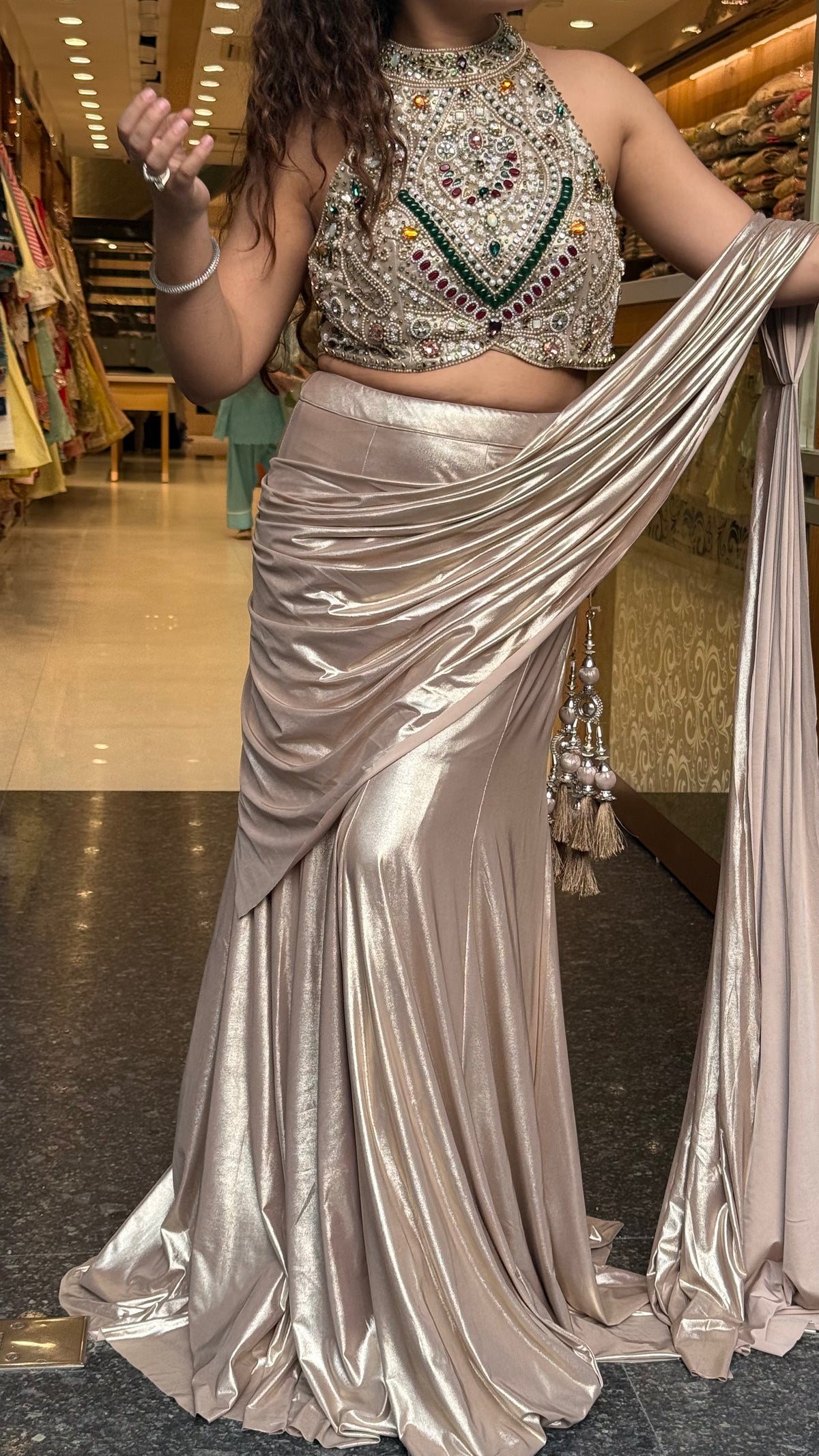 Designer Drape Set with Stone Work Blouse & Metallic Lycra Fish Skirt