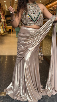 Designer Drape Set with Stone Work Blouse & Metallic Lycra Fish Skirt