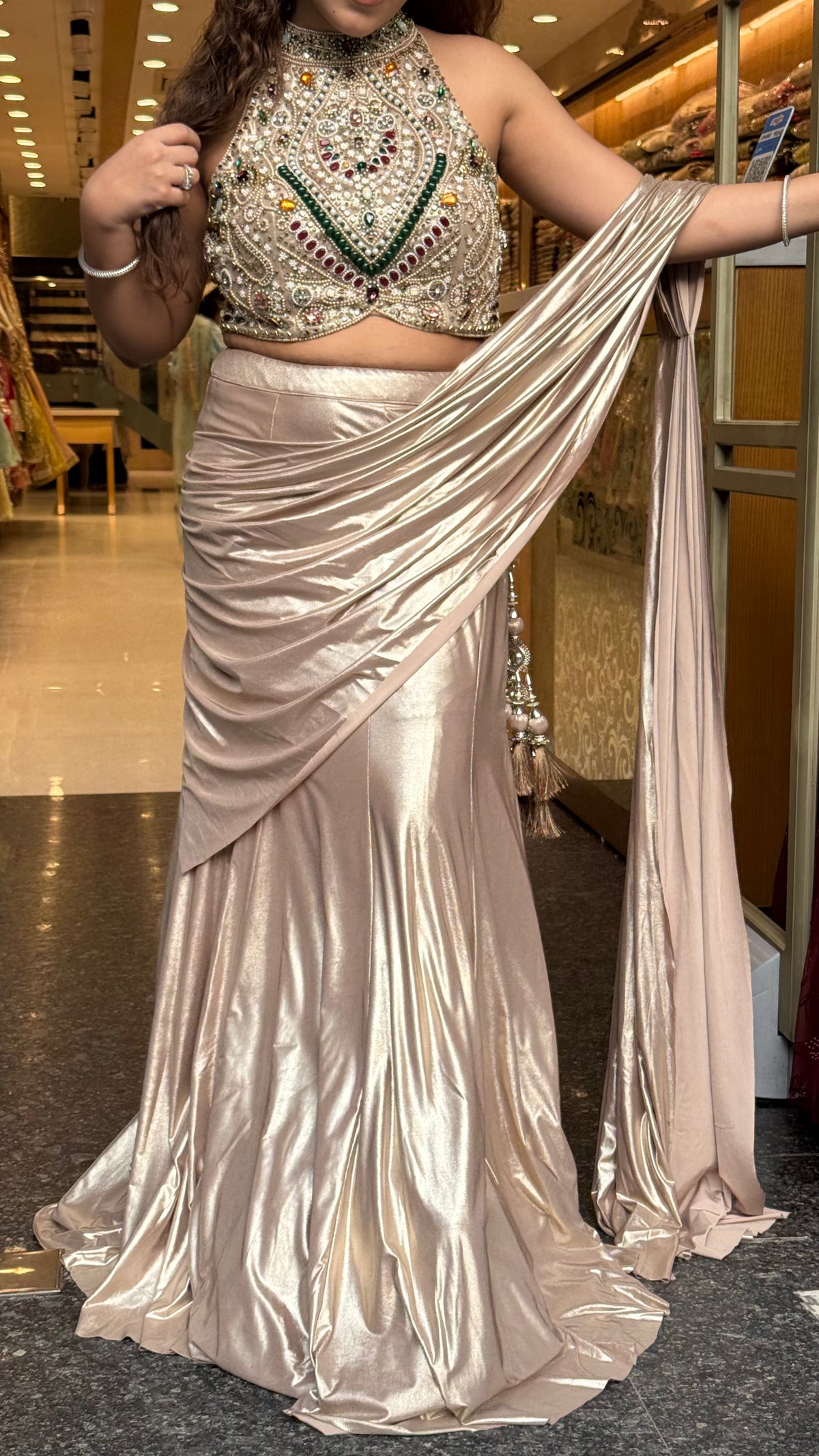 Designer Drape Set with Stone Work Blouse & Metallic Lycra Fish Skirt