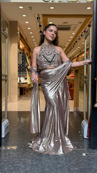 Luxury Drape Saree with Stone Work Blouse, Pearls & Kundan Detailing | Metallic Lycra Fish Skirt