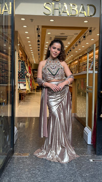 Luxury Drape Saree with Stone Work Blouse, Pearls & Kundan Detailing | Metallic Lycra Fish Skirt