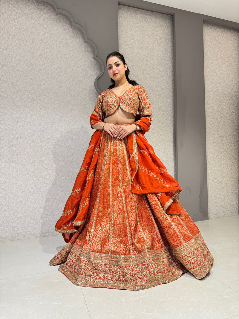 Orange Zari Work Blouse & Banarasi Lehenga Set with Zari Detailing