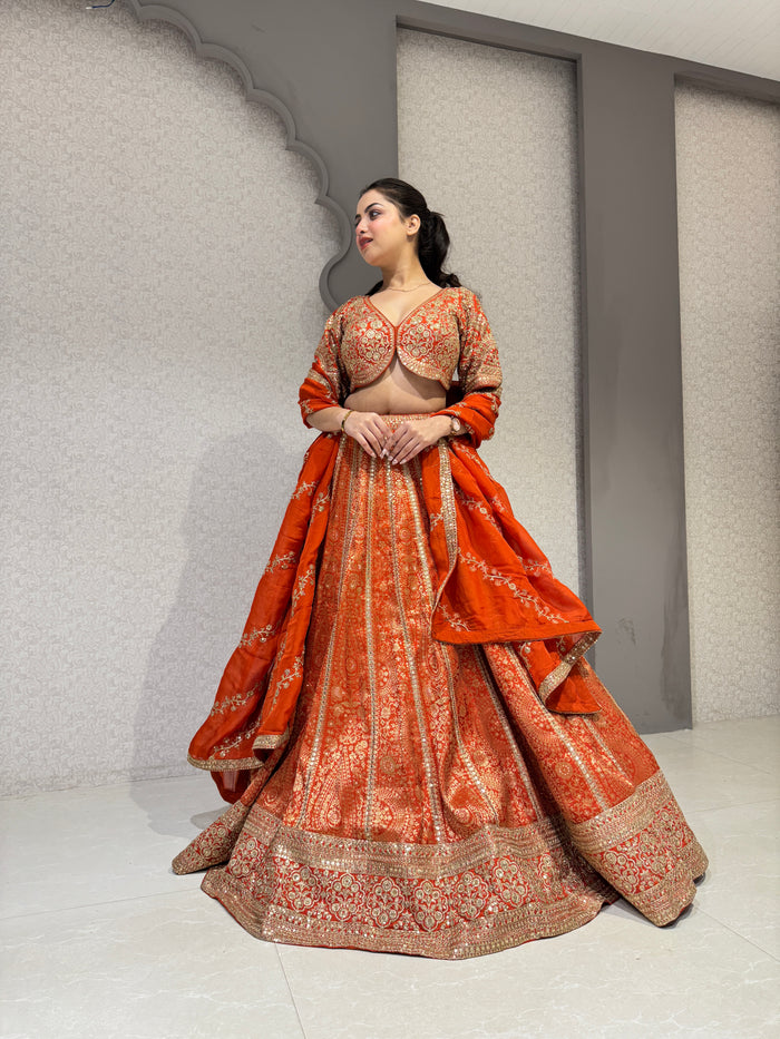 Orange Zari Work Blouse & Banarasi Lehenga Set with Zari Detailing