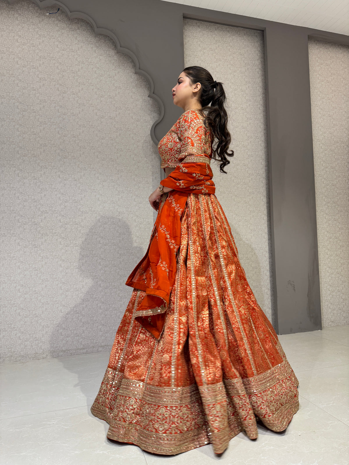 Orange Zari Work Blouse & Banarasi Lehenga Set with Zari Detailing