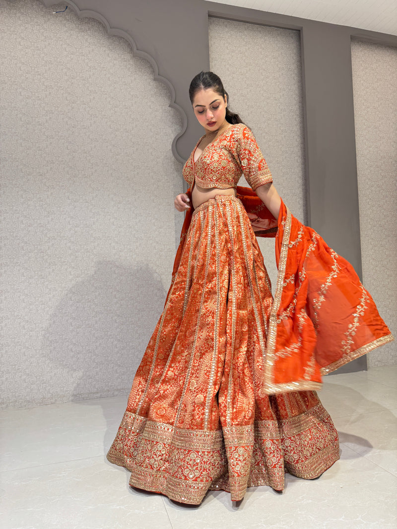 Orange Zari Work Blouse & Banarasi Lehenga Set with Zari Detailing