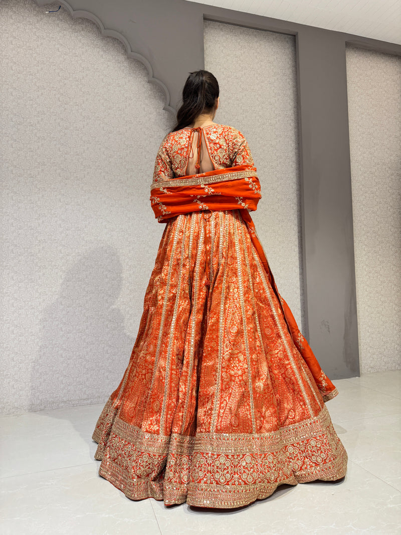 Orange Zari Work Blouse & Banarasi Lehenga Set with Zari Detailing