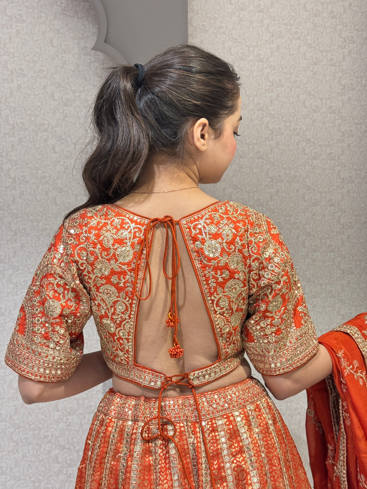 Orange Zari Work Blouse & Banarasi Lehenga Set with Zari Detailing