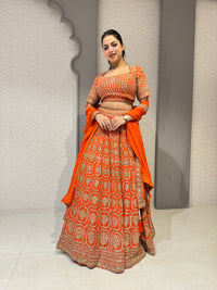 Orange Zari Work Blouse & Banarasi Lehenga Set with Zari Detailing