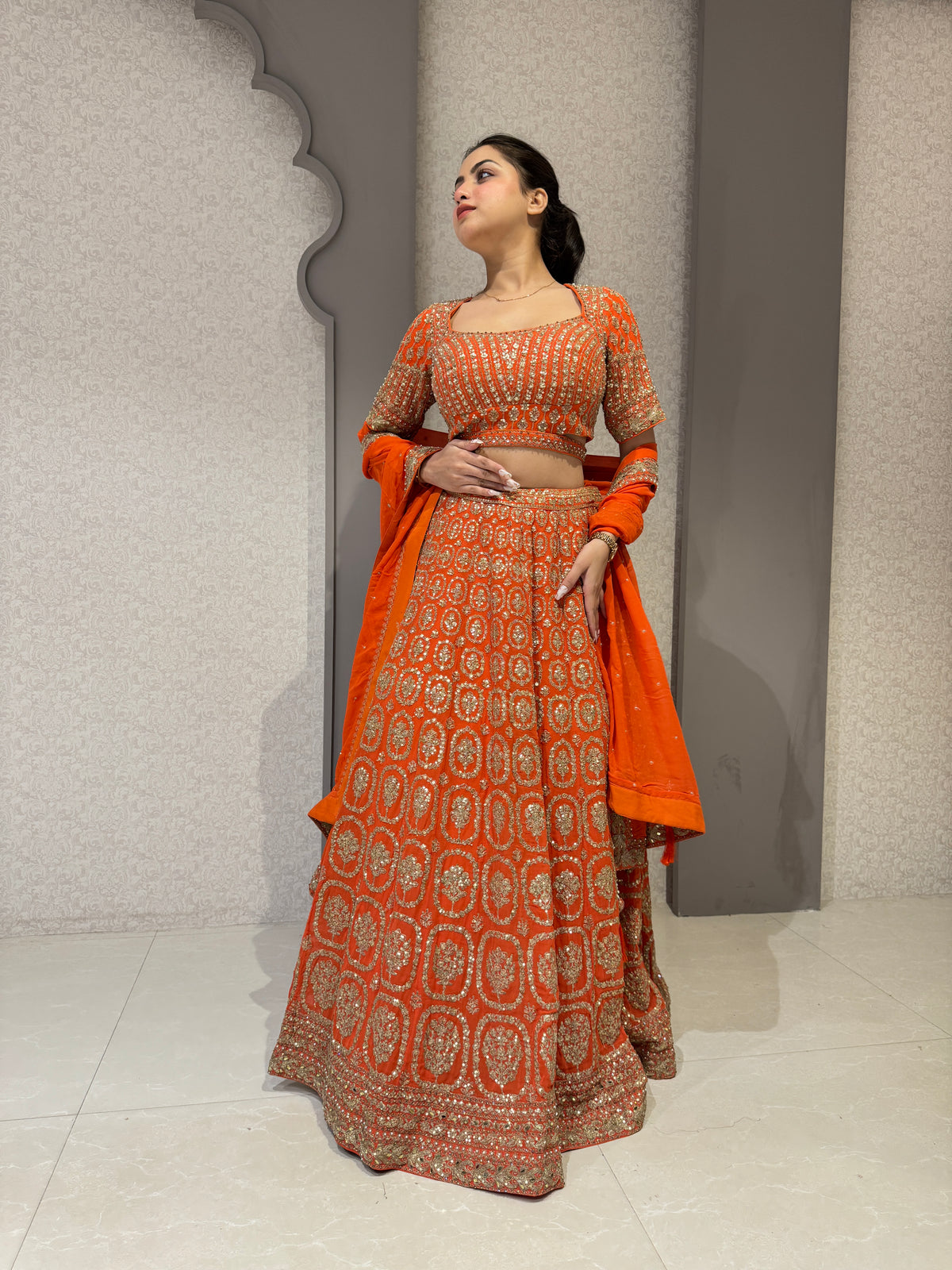 Orange Zari Work Blouse & Banarasi Lehenga Set with Zari Detailing