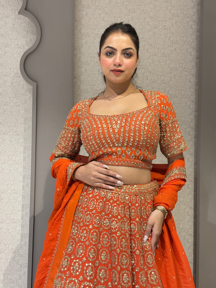 Orange Zari Work Blouse & Banarasi Lehenga Set with Zari Detailing