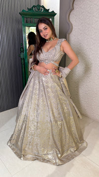 Grey Majesty: Banarasi Lehenga with Hand-Embroidered Blouse