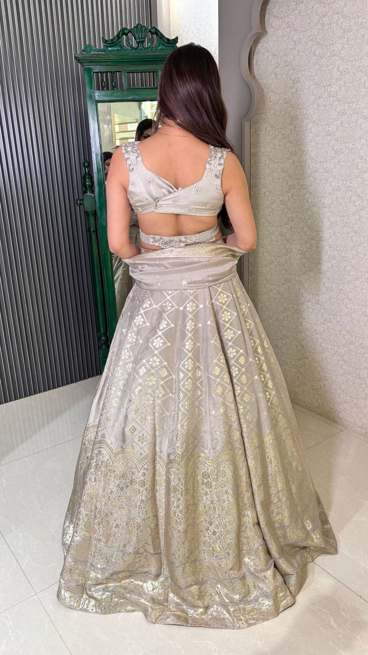 Grey Majesty: Banarasi Lehenga with Hand-Embroidered Blouse