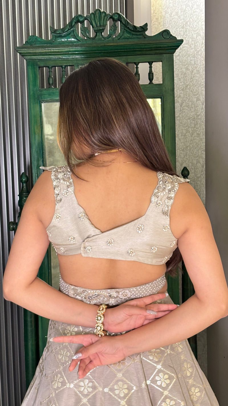 Grey Majesty: Banarasi Lehenga with Hand-Embroidered Blouse