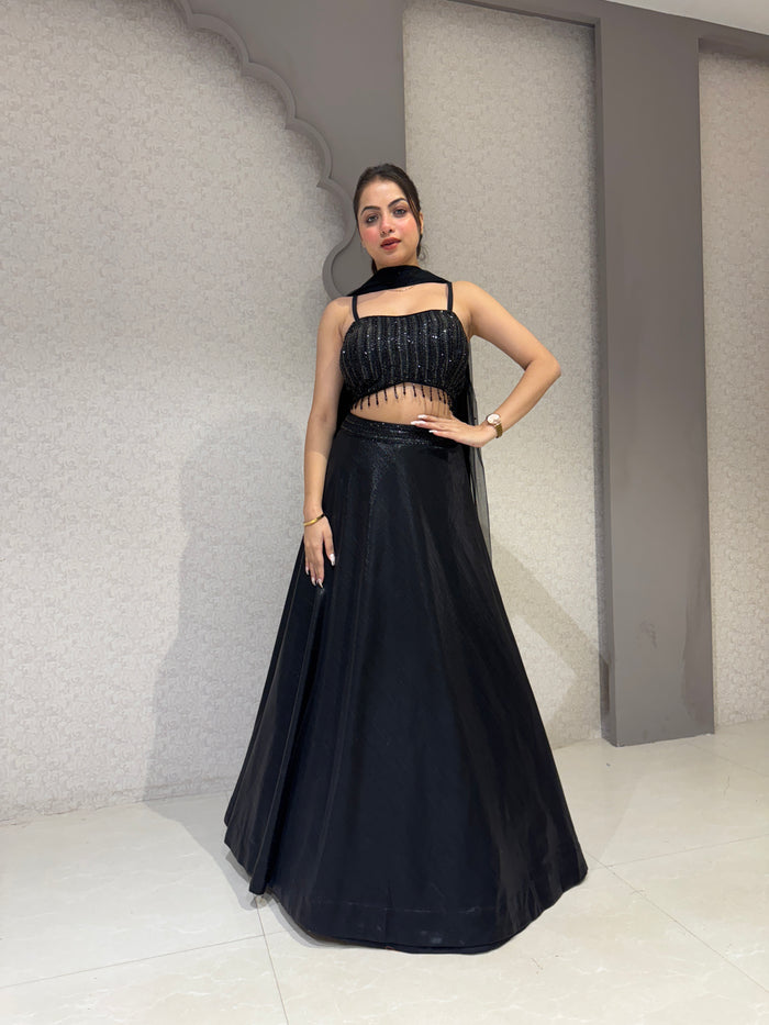 Black Handwork Blouse with Imported Shimmer Lycra Lehenga