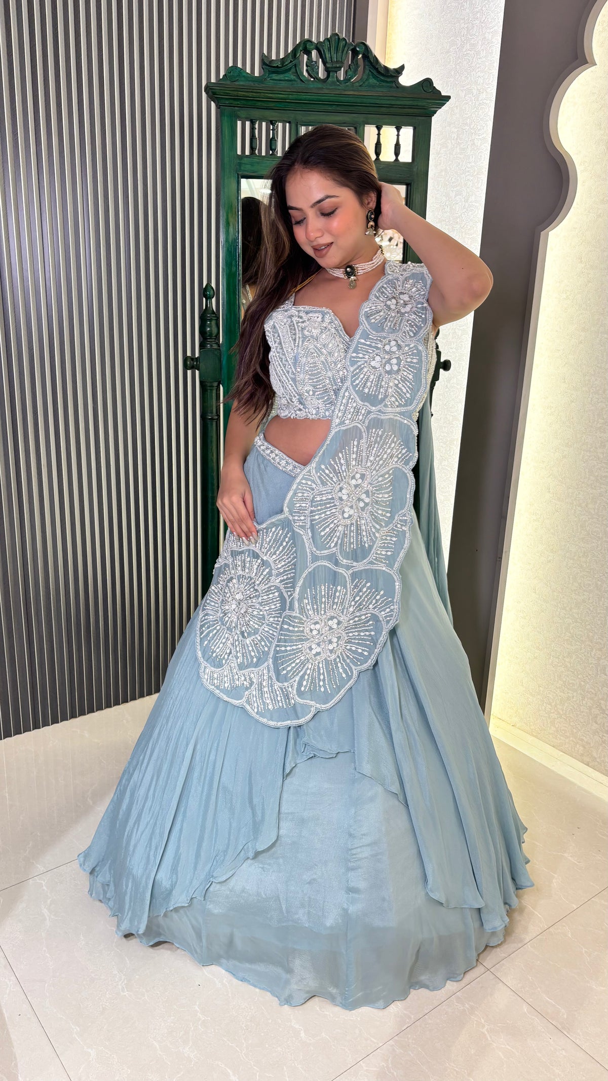 Pearl Whisper: Handwork Blouse & Palla Lehenga Set with Chinon Skirt