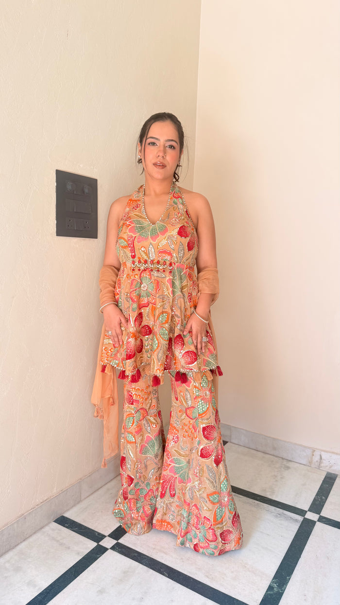 Printed Suit with Badla, Sequin & Mirror Work