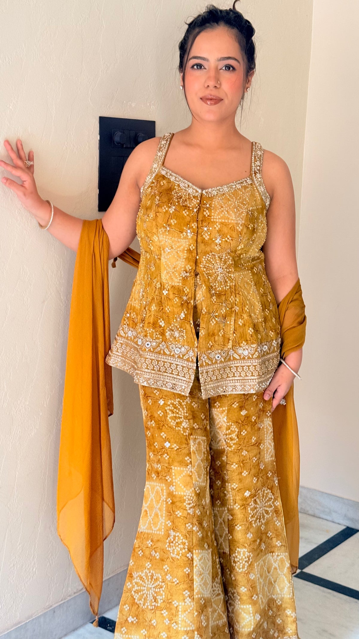 Bandini Print Indowestern Set with Handwork Neckline