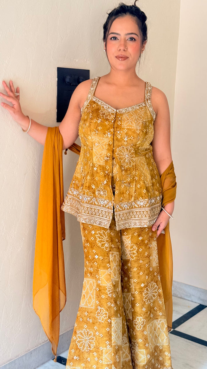 Bandini Print Indowestern Set with Handwork Neckline