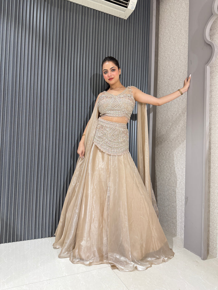 Gold Machine Embroidered Lehenga