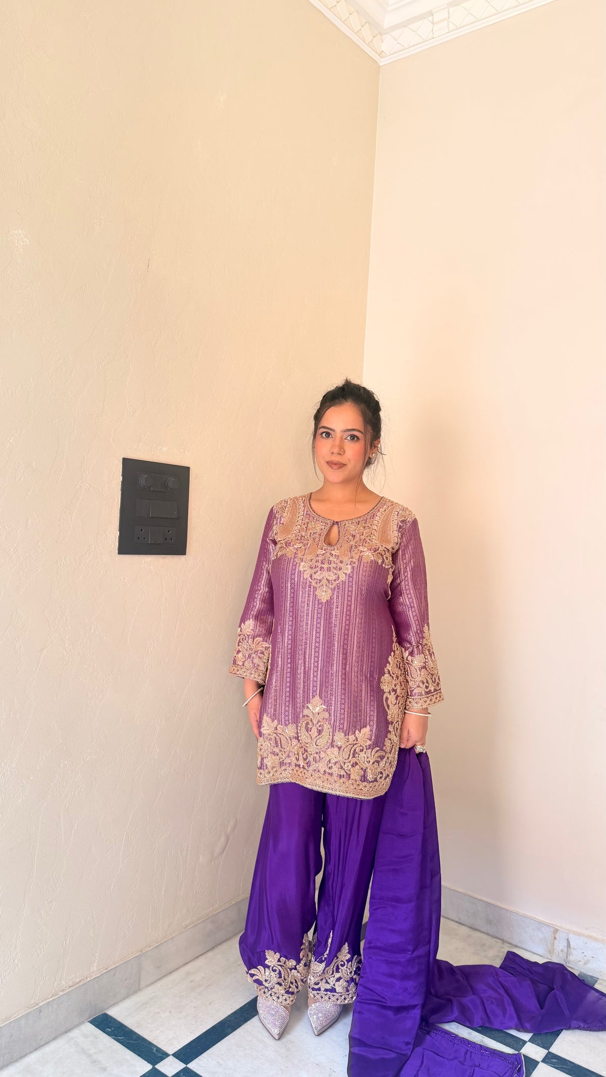 Brocade Shirt Suit with Bead Work & Chinon Salwar