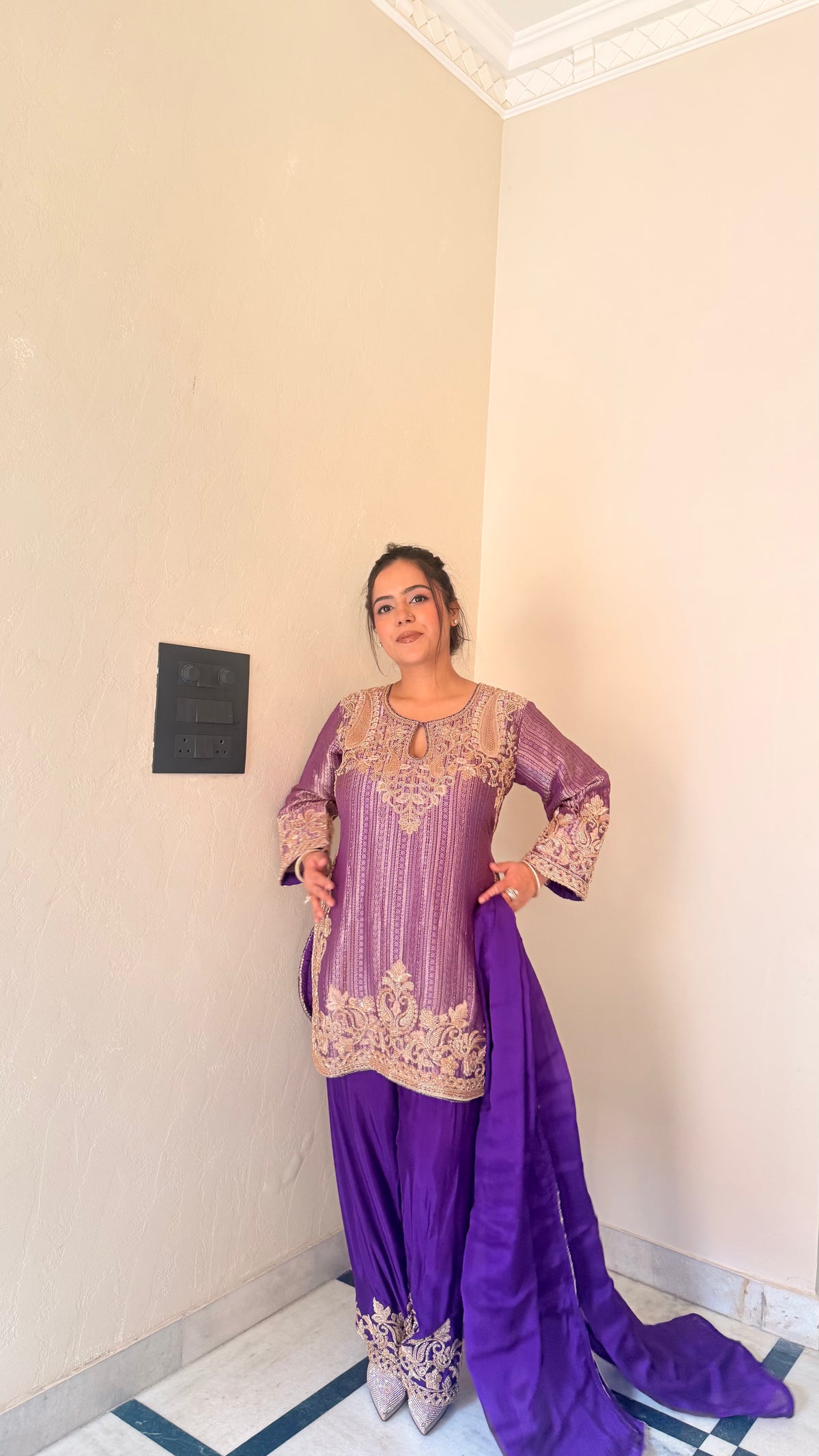 Brocade Shirt Suit with Bead Work & Chinon Salwar