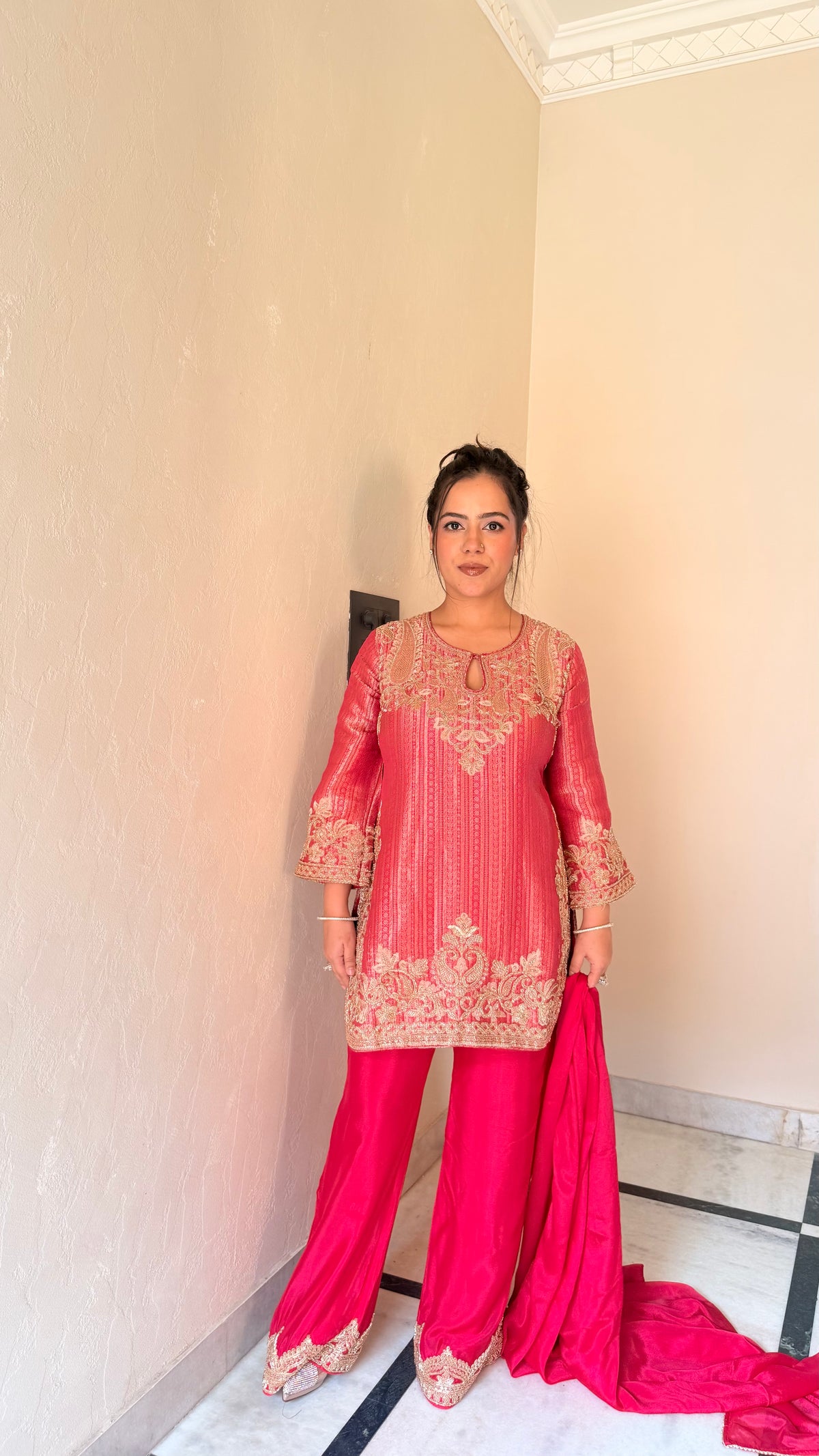Brocade Shirt Suit with Bead Work & Chinon Salwar