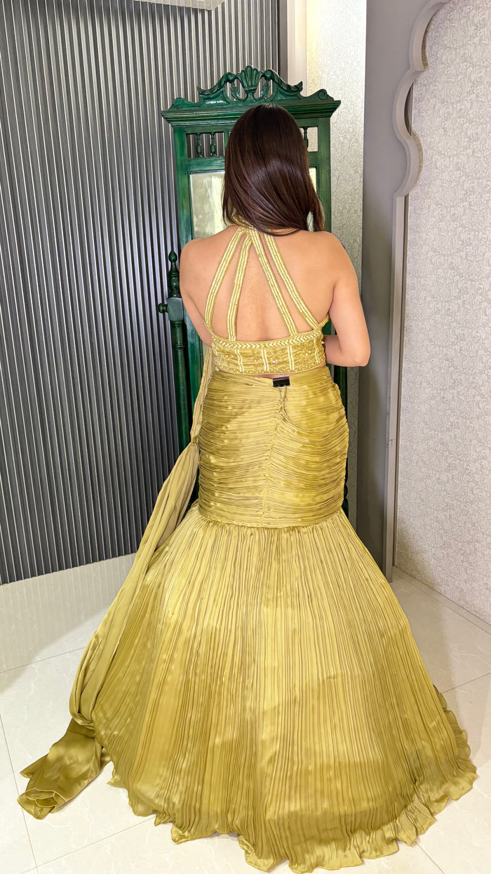 Elegant Fish Cut Satin Lehenga with Hand-Embroidered Blouse