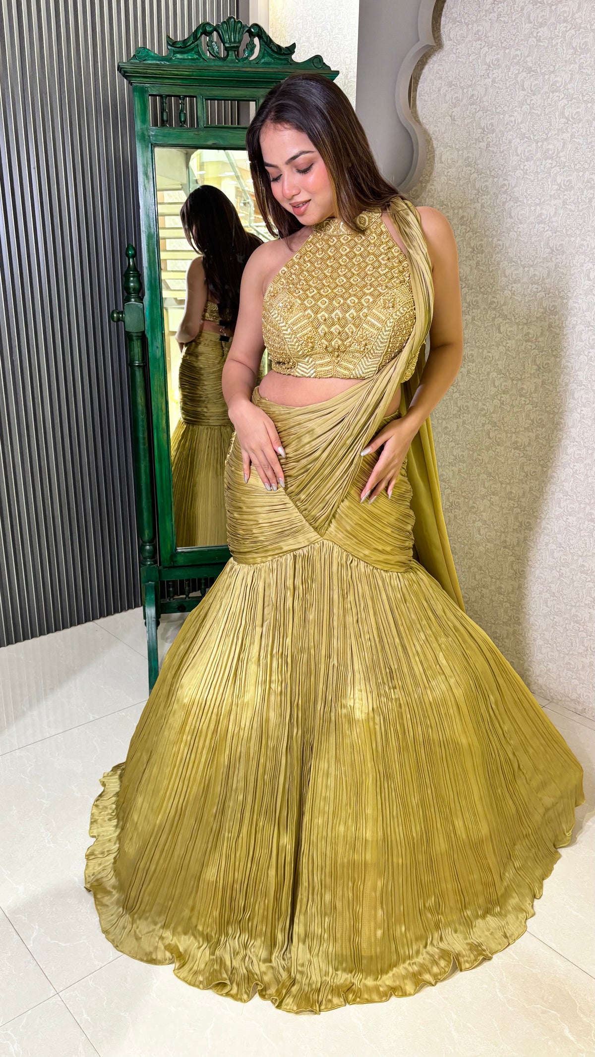 Elegant Fish Cut Satin Lehenga with Hand-Embroidered Blouse