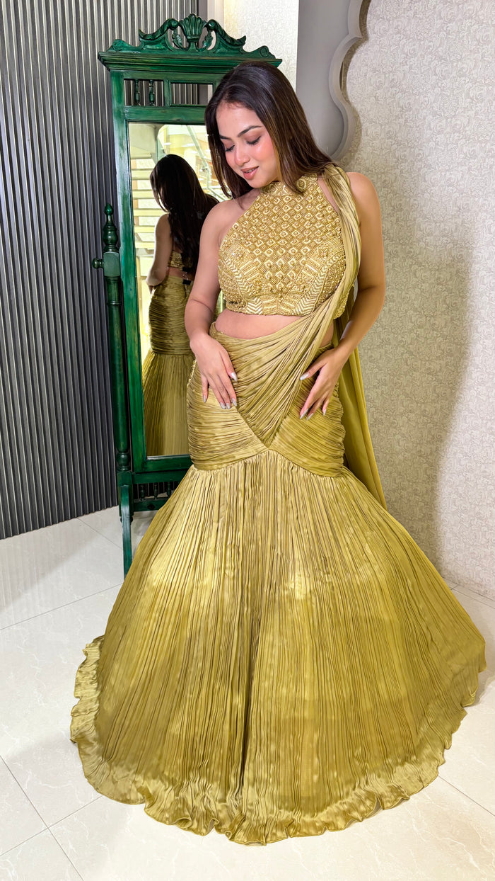 Elegant Fish Cut Satin Lehenga with Hand-Embroidered Blouse