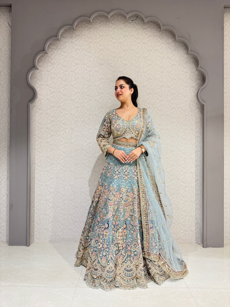 Elegant Blue & Pink Net Lehenga with Machine Embroidery & Handwork