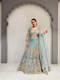 Elegant Blue & Pink Net Lehenga with Machine Embroidery & Handwork