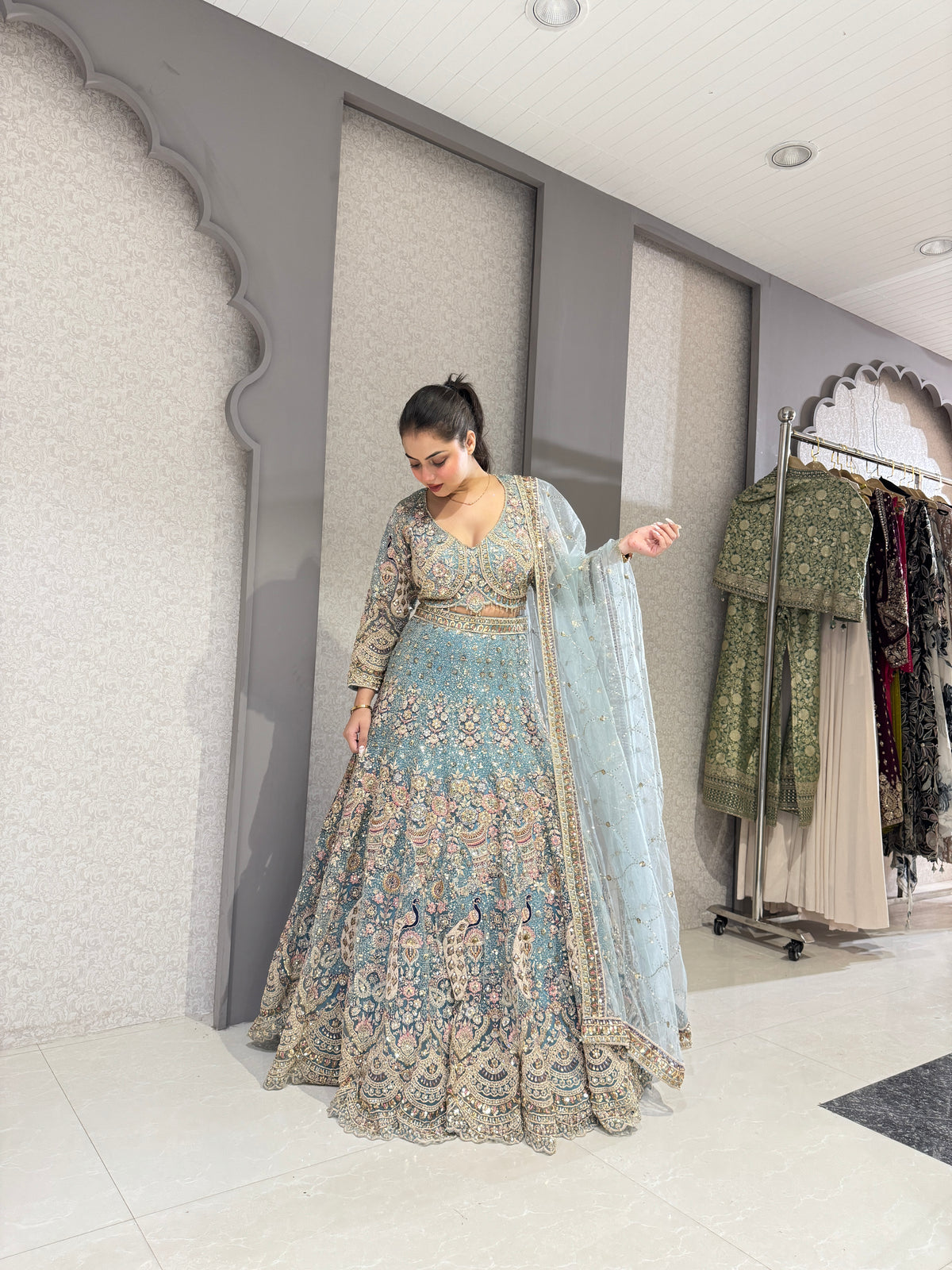 Elegant Blue & Pink Net Lehenga with Machine Embroidery & Handwork