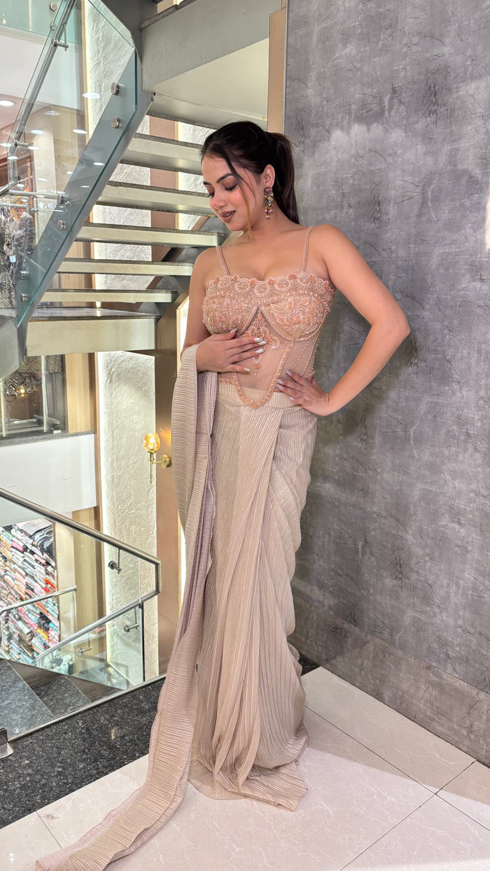 Crushed Shimmer Saree with Hand-Embroidered Corset Blouse