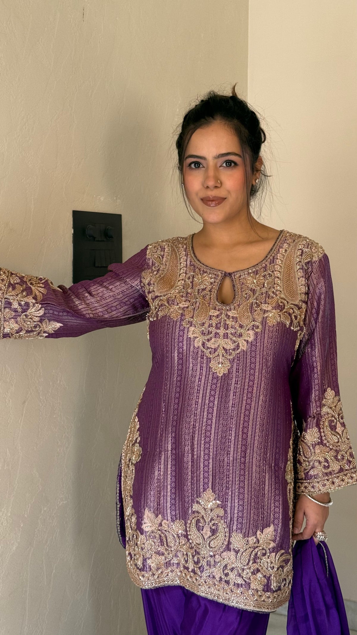Brocade Shirt Suit with Bead Work & Chinon Salwar