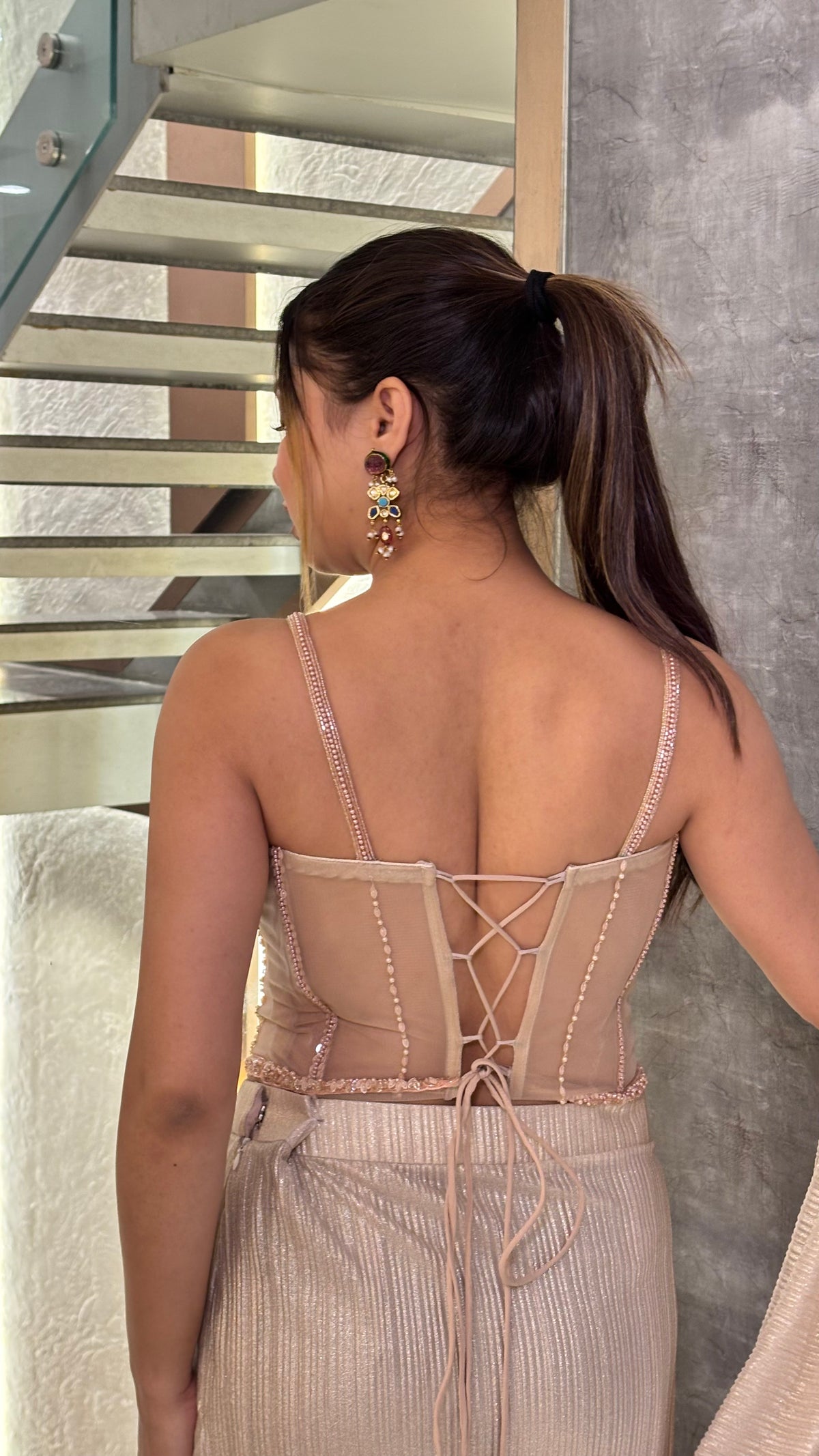 Crushed Shimmer Saree with Hand-Embroidered Corset Blouse