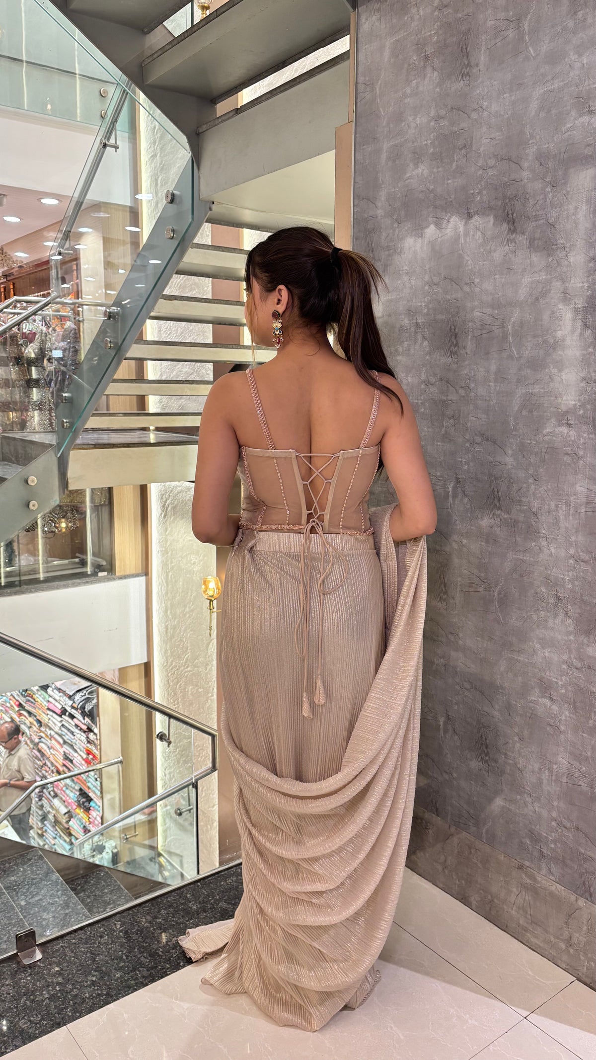 Crushed Shimmer Saree with Hand-Embroidered Corset Blouse