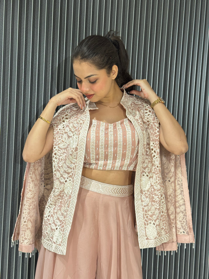 Peach Organza Crop Top, Jacket & Plazo Set with Machine Embroidery