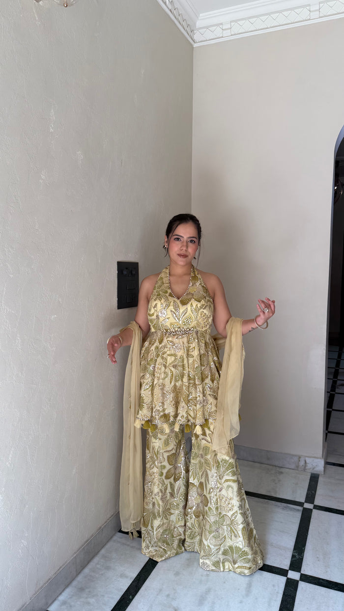 Printed Suit with Badla, Sequin & Mirror Work