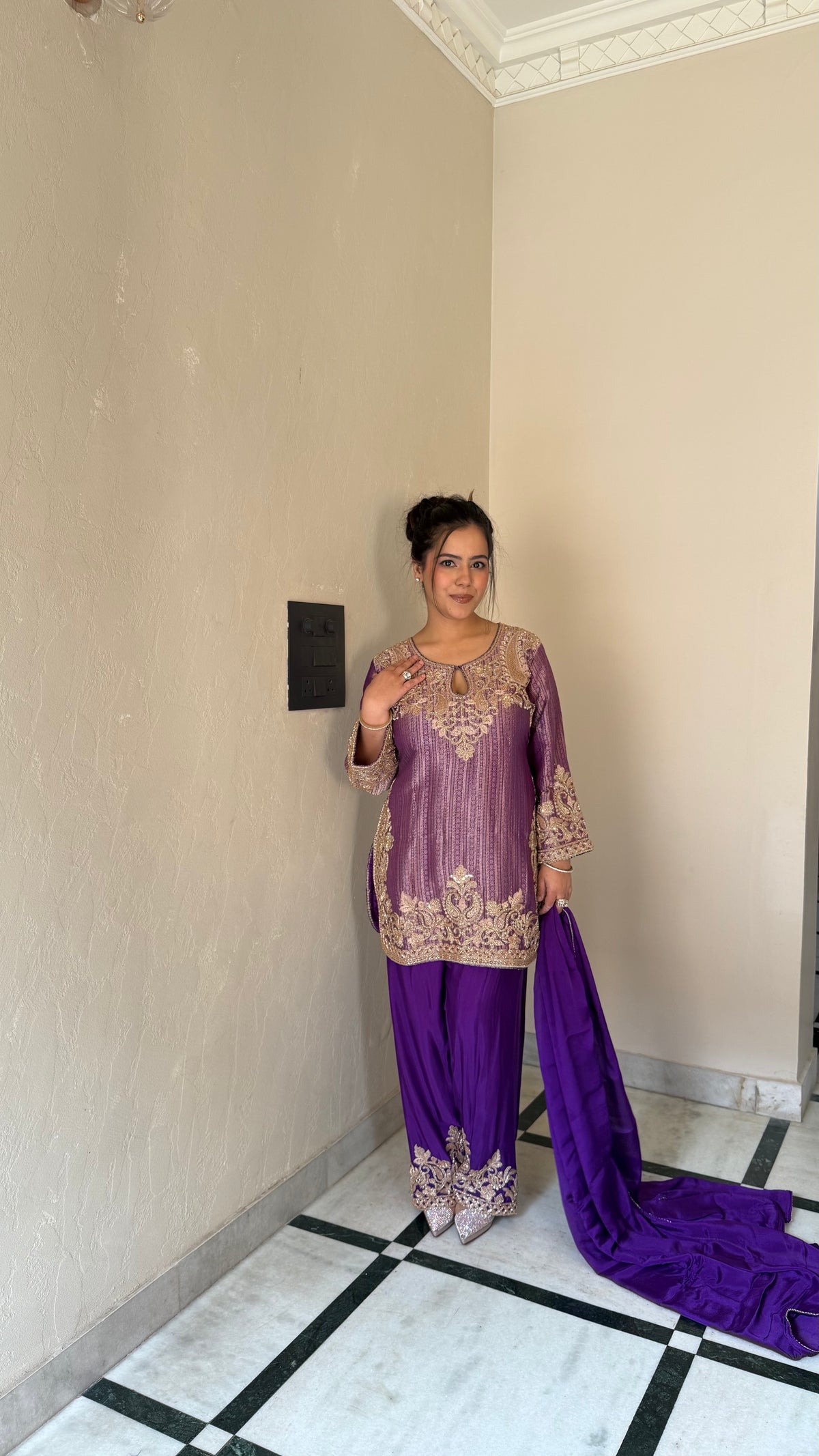 Brocade Shirt Suit with Bead Work & Chinon Salwar