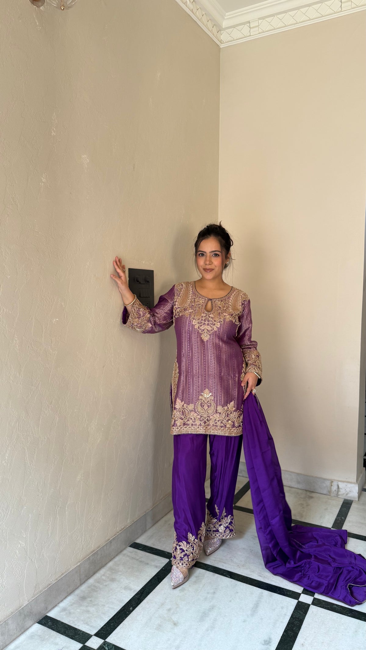 Brocade Shirt Suit with Bead Work & Chinon Salwar