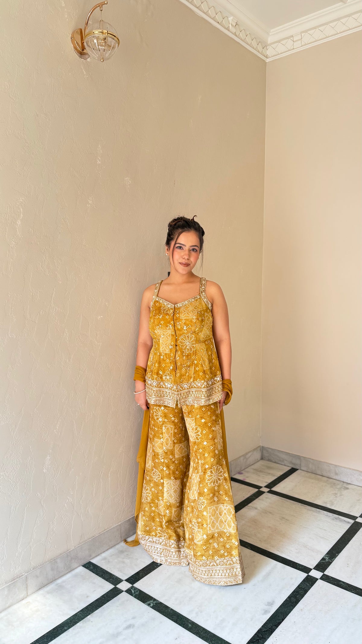 Bandini Print Indowestern Set with Handwork Neckline