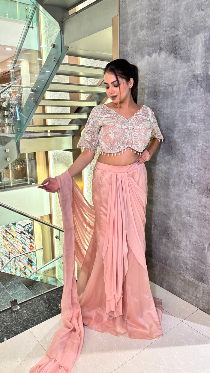 Pearl Whispers: Hand-Embroidered Saree Set with Blouse