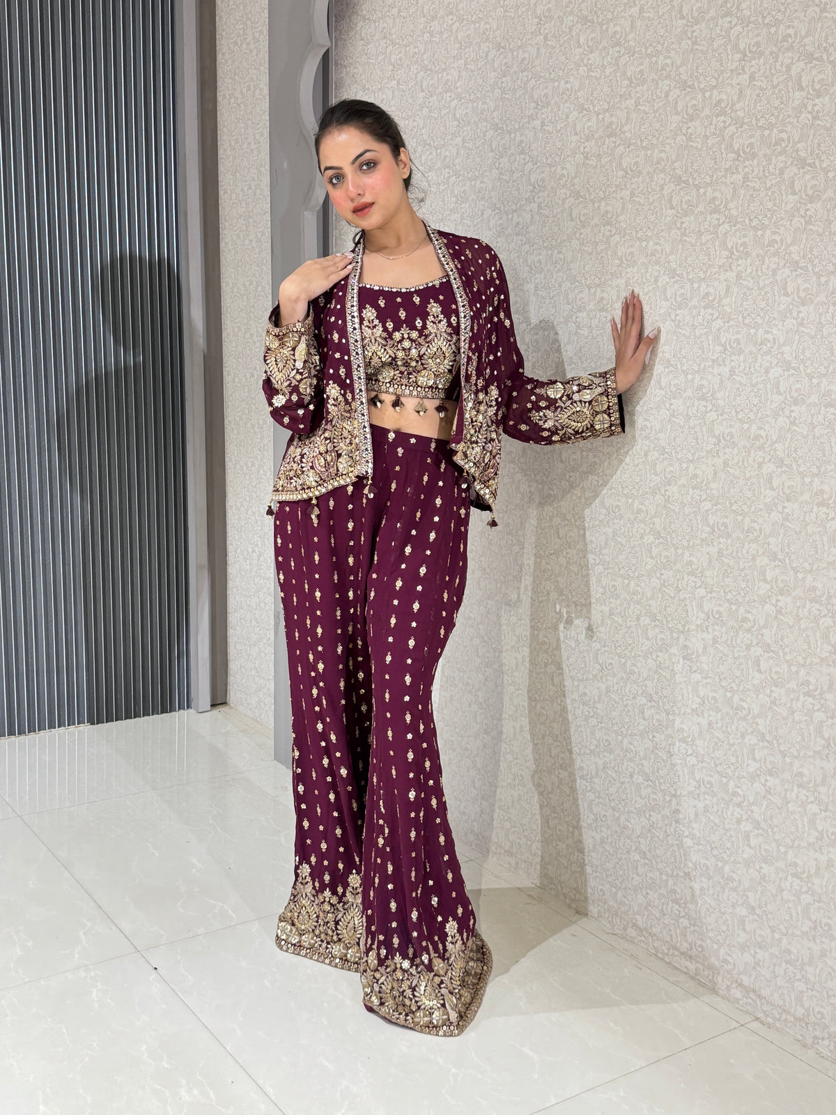 Elegant Black & Wine Georgette Ensemble with Threadwork and Embroidered Jacket