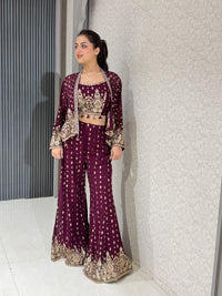 Elegant Black & Wine Georgette Ensemble with Threadwork and Embroidered Jacket